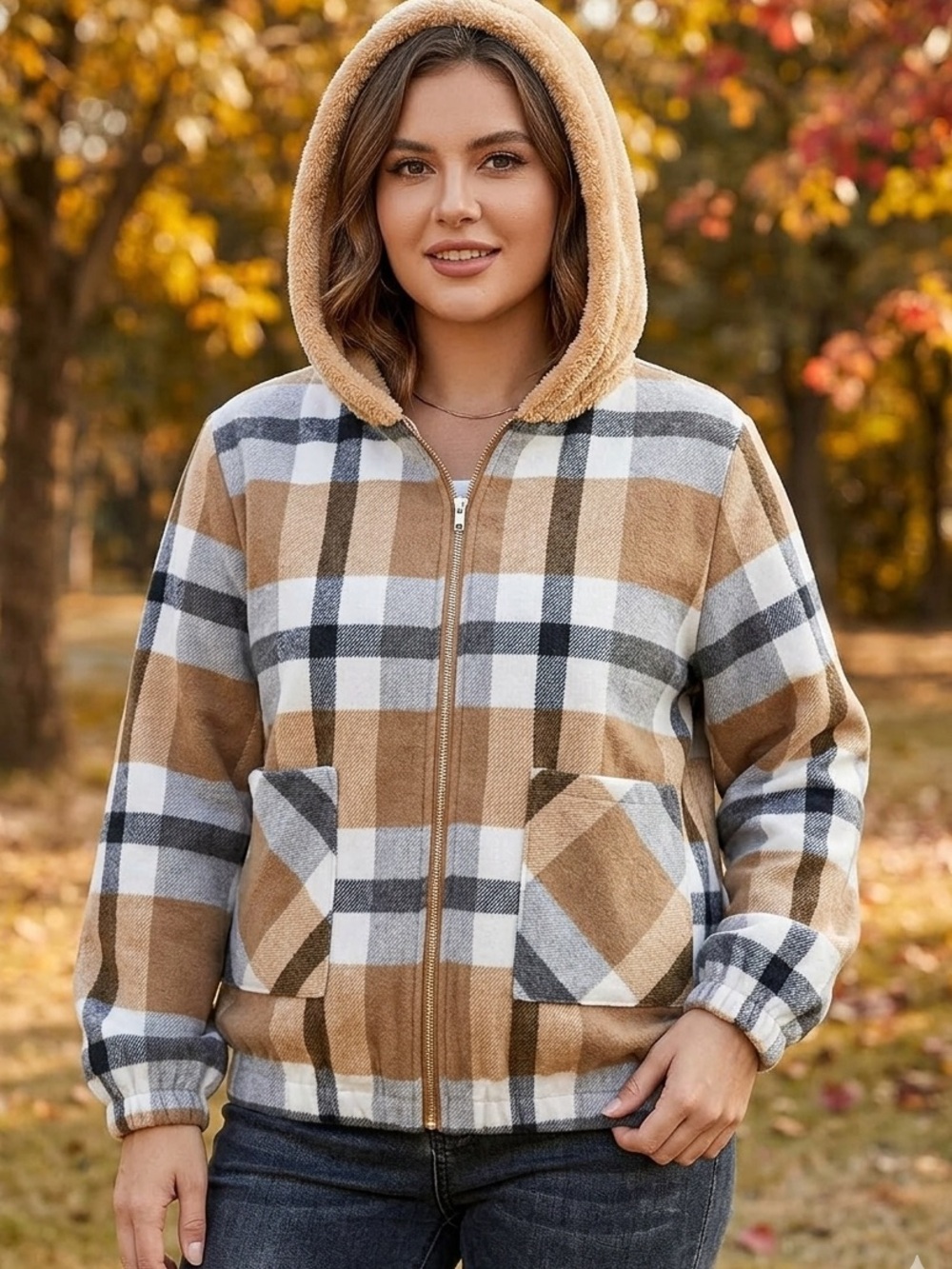 Plaid Tan and Gray Women's Jacket
